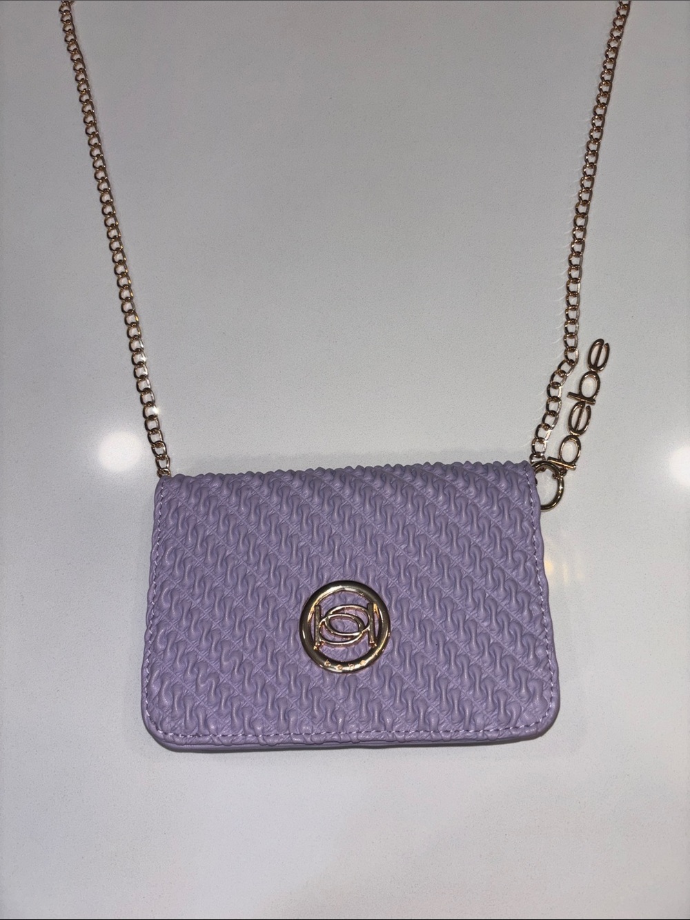 Bebe Women’s Gold Hardware Monogram Small Crossbody Bag Lavender NWOT